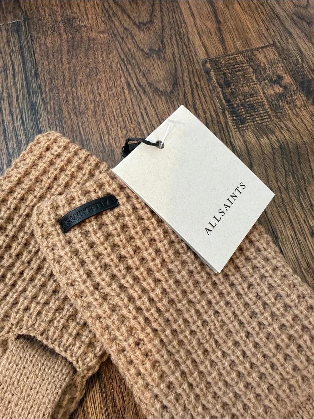 All Saints Gloves Tannin Brown Mixed Stitch Knit Wool Blend Outdoor Winter
